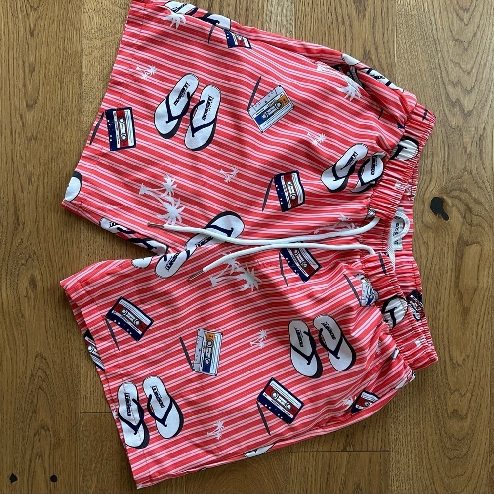 Mosmann Striped Swim Shorts with Flip Flop and Cassette Print